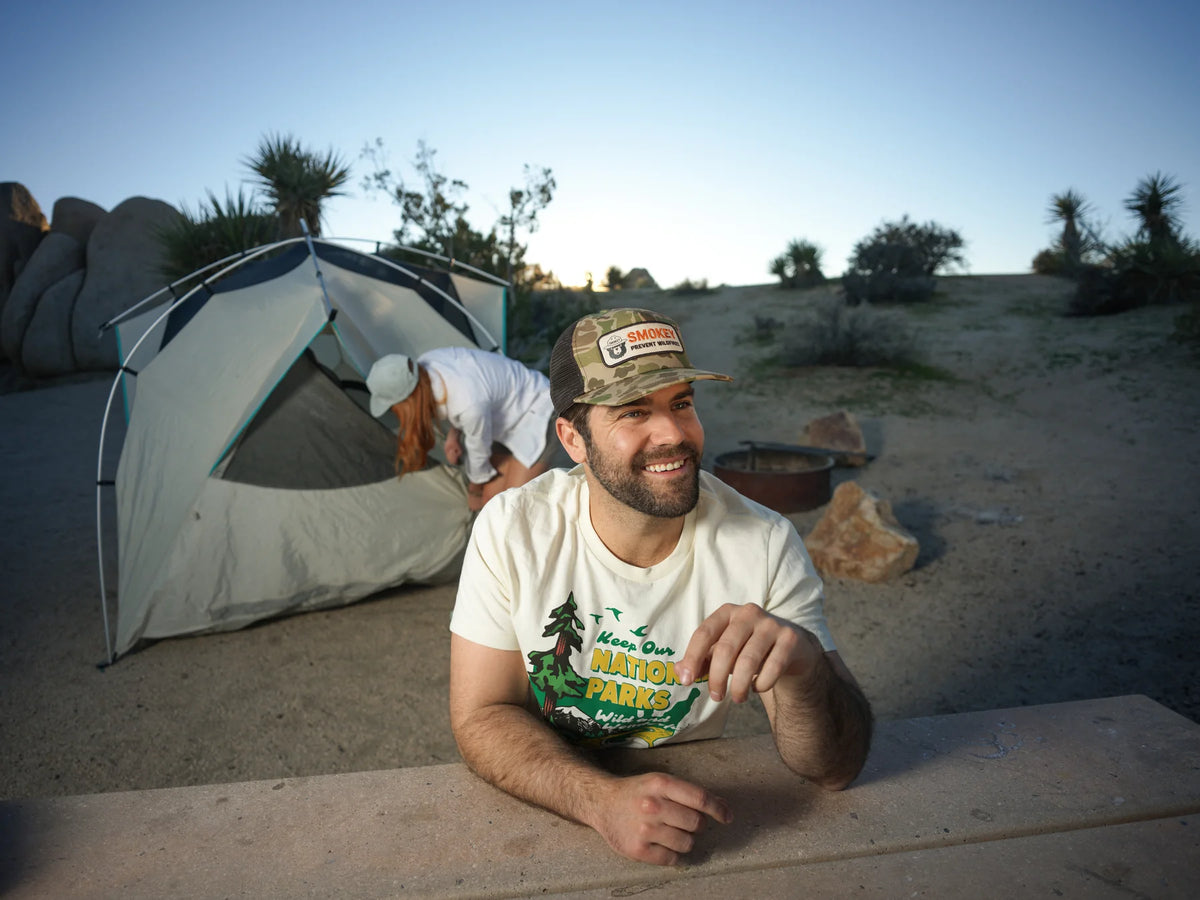 Smokey Camo 5-Panel Trucker Hat, The Landmark Project