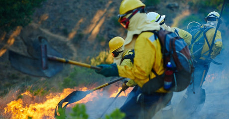 Three wildland firefighters in yellow gear dig a fireline with hand tools as flames burn through brush nearby.