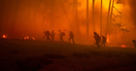 A group of six wildland firefighters carry equipment through the thick smoke of a wildfire in the middle of a forest.