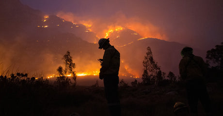 Two wildland firefighters' silhouettes seen standing amid the brush as a mountain is on fire in the distance.