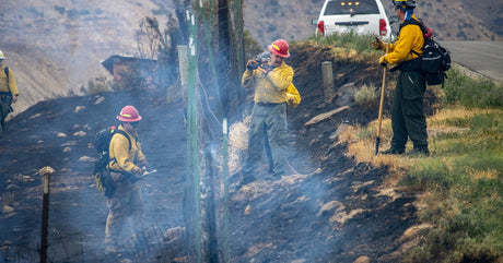 Wildland firefighters cut a smoky fireline on a hillside near a road as a white truck waits on a road nearby.