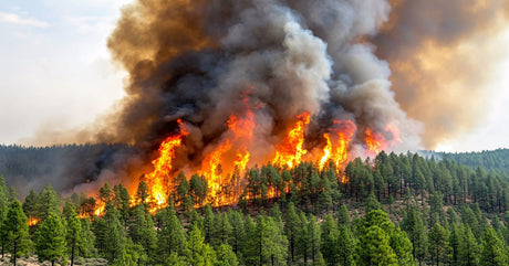 A massive wildfire burns through a dense pine forest, sending towering flames and thick smoke into the sky.