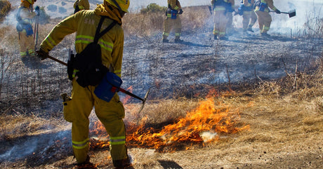Wildland firefighters in yellow gear use tools to control a grass fire as flames burn and smoke rises across a hillside.
