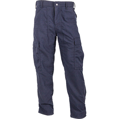 Front view of our navy dual-compliant pants for wildland firefighters.