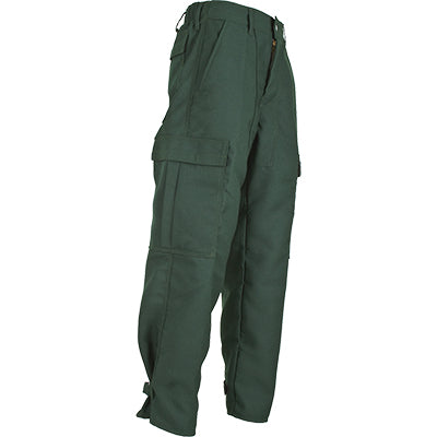 Side view of our durable, green classic brush pants for wildland firefighters.