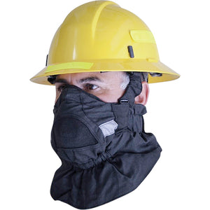 Man wearing the hot shield face protector for wildland firefighters.
