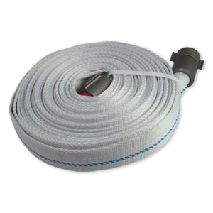 Coiled white 100 foot weeping fire hose.