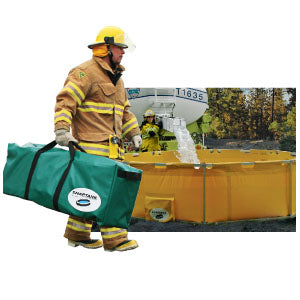 View of a firefighter carrying the portable water tank and the water tank being filled.